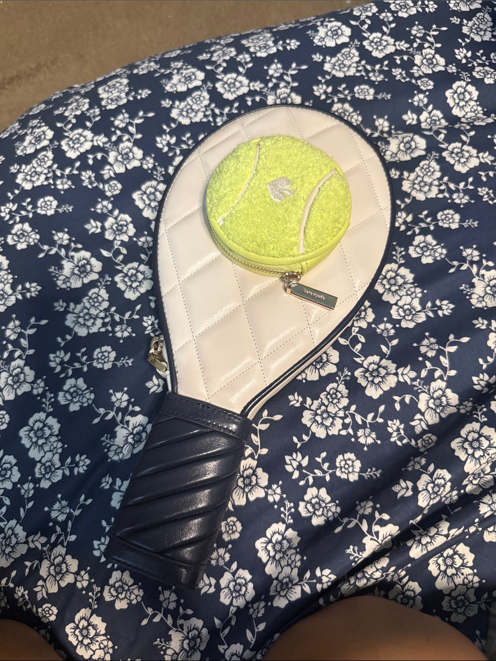 kate spade White and Navy Tennis Racket Crossbody Bag with Lime Accent